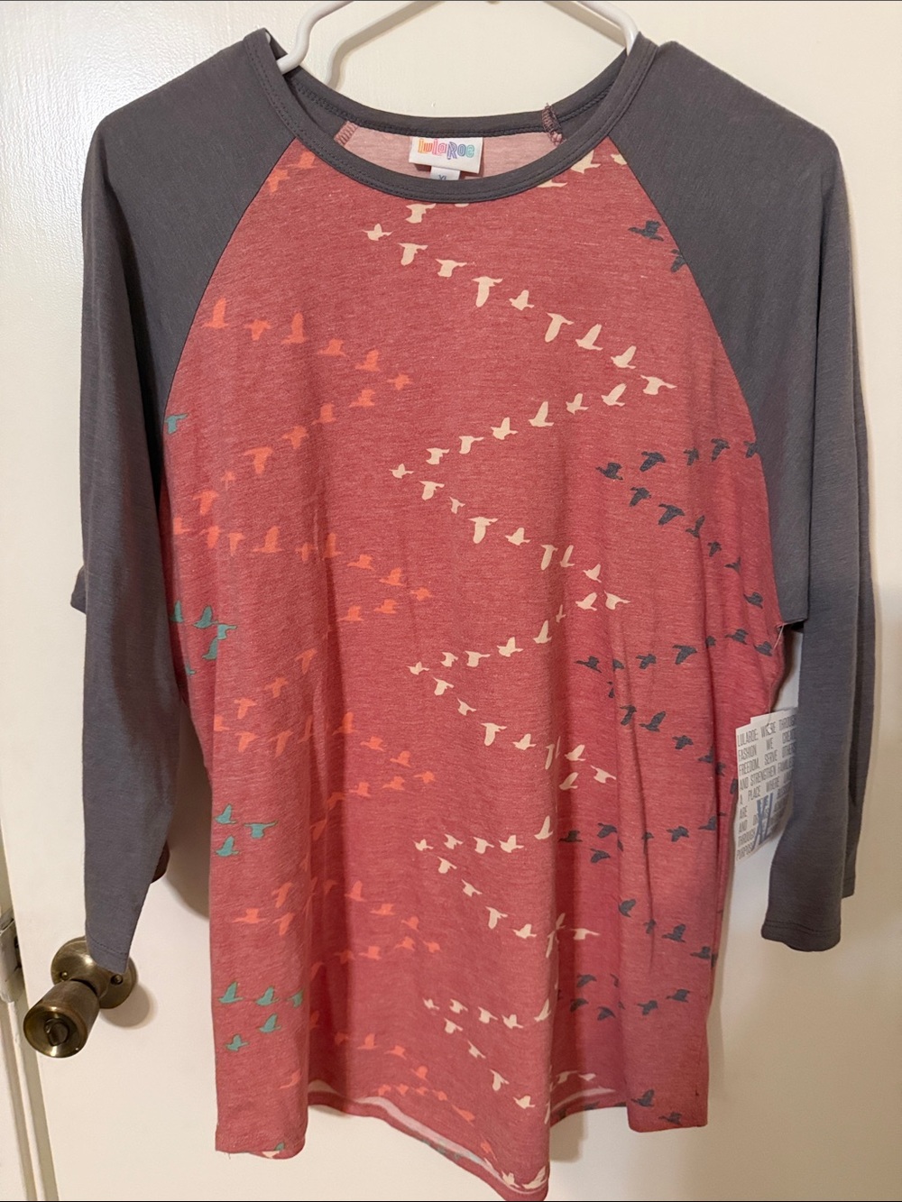 LuLaRoe 3/4 Sleeve Raglan Tee in Coral Pink with Gray Sleeves NWT